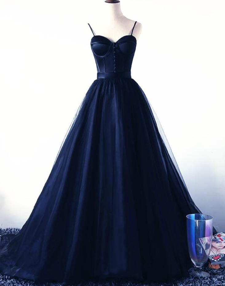 Prom Dresses,holiday Celebration Dresses, Glamorous Navy Blue Tulle And Ribbon Long Party Dresses, Navy Blue Prom Dresses
