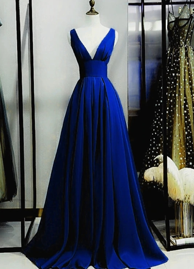 Prom Dresses,royal Blue Satin Deepv-neckline Long Party Dress Prom Dress, Blue Formal Dresses