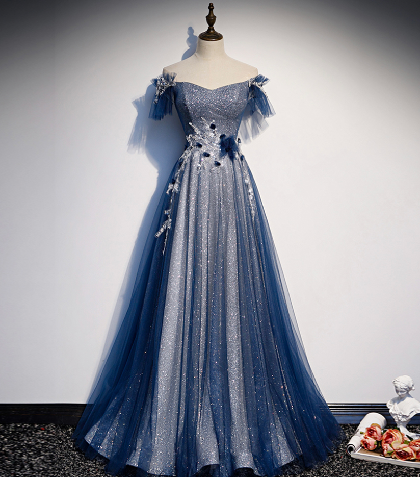 Prom Dresses,bright Sparkling Blue Strapless Dress, Formal Evening Dress, Tulle Temperament Girls Dress