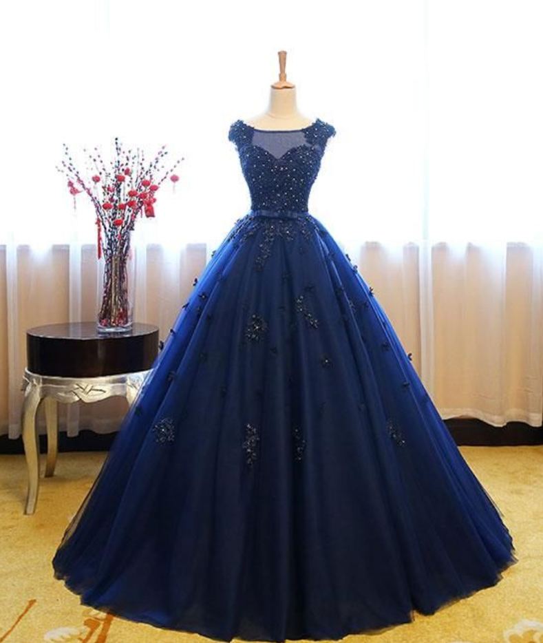 Prom Dresses,dark Blue Tulle Lace Long Prom Dress, Sweet Celebrity Birthday Dress