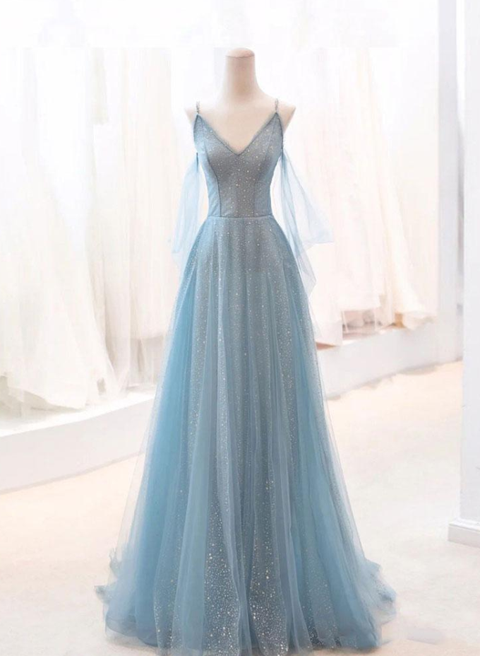 Prom Dresses,grey Blue V-neck Tulle Sequin Long Prom Dress, Blue Evening Gown