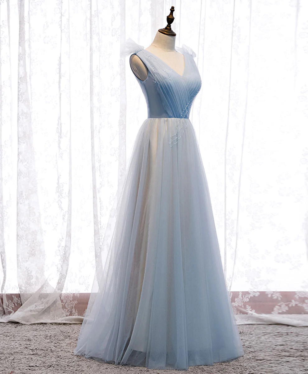 blue slip dress with white lace Elegant Light Blue Tulle V-neck Spaghetti Straps Lace Long Prom Dresse –  Simidress main image 1