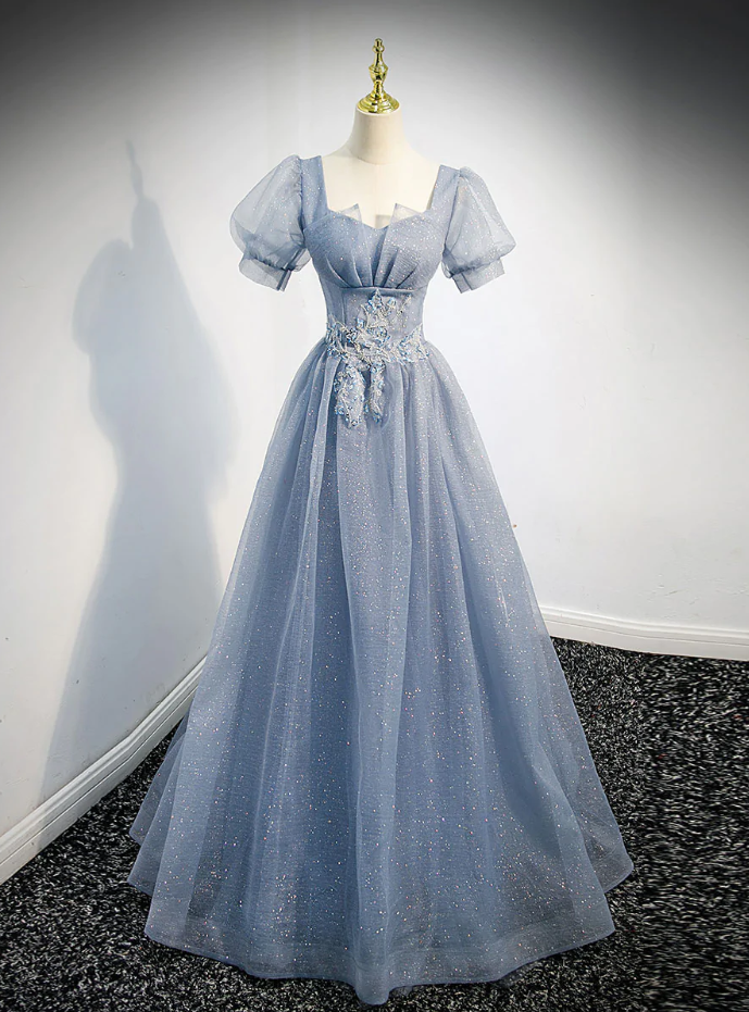 Prom Dresses,shiny Neckless Tulle Birthday Party Dress Gray Blue Stage Dress