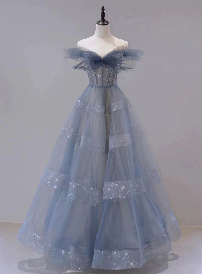 Prom Dresses,sweet And Lovely Blue Tulle Maxi Dress Starlight Concert Maxi Dress