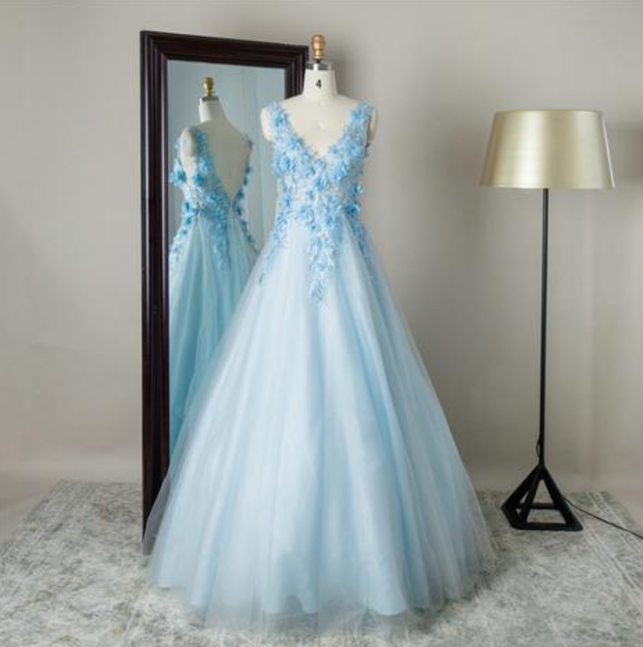Prom Dresses,long Party Dress With Lace Applique Light Blue Prom Dress Evening Dress