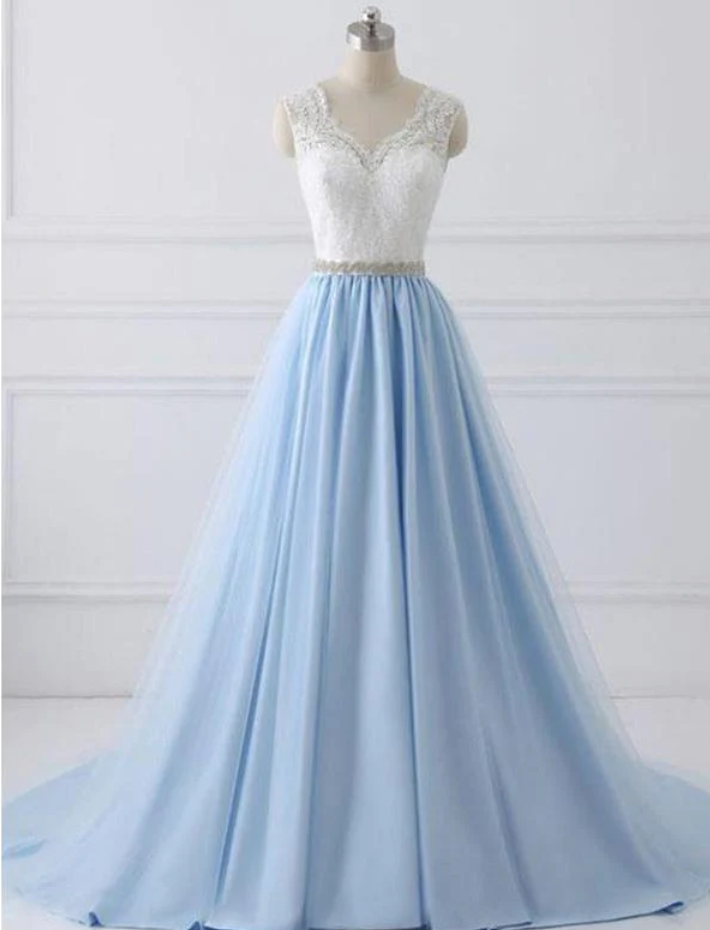 Prom Dresses,a-line Version Of White Lace And Blue Satin Tulle Splicing Long Dress Dinner Party Dress