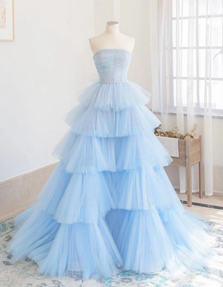 Prom Dresses,temperament Lady Light Blue Cake Dress Tulle Long Dinner Dress Birthday Dress
