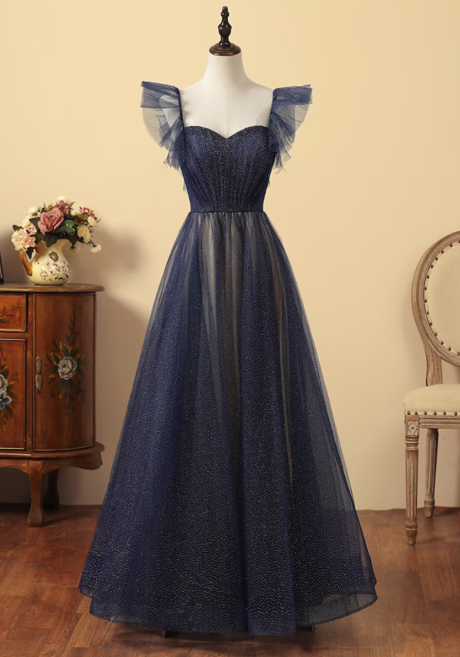 Prom Dresses,dotted Starlight Radiant Into The Sea Navy Blue Fly Fly Sleeve Tulle Long Dress, A-line Tulle Formal Dress Women's Dating
