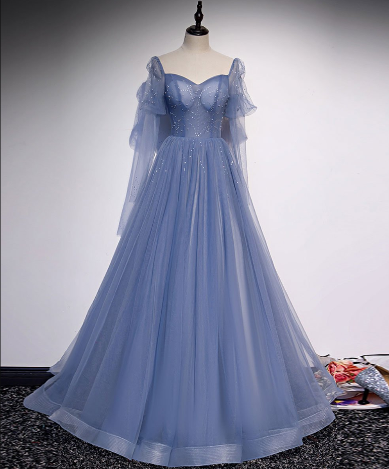 Prom Dresses,blue Tulle Sweetheart Long Prom Dresses Evening Beaded Formal Dresses Concert Dresses