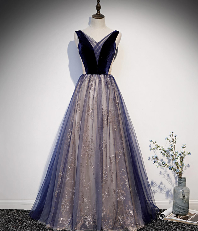 Prom Dresses,blue Velvet V-neck Tulle Long Prom Dresses Formal Dresses, Family Party Dresses