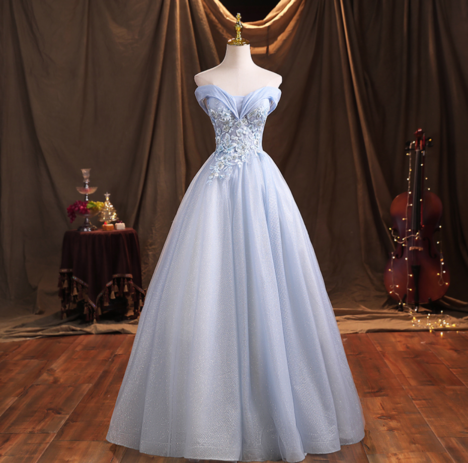 Prom Dresses Girls Lace Applique Shiny Blue Tulle Long Dresses Party Cute Sweetheart Stage Dresses Music Feast Long Dresses