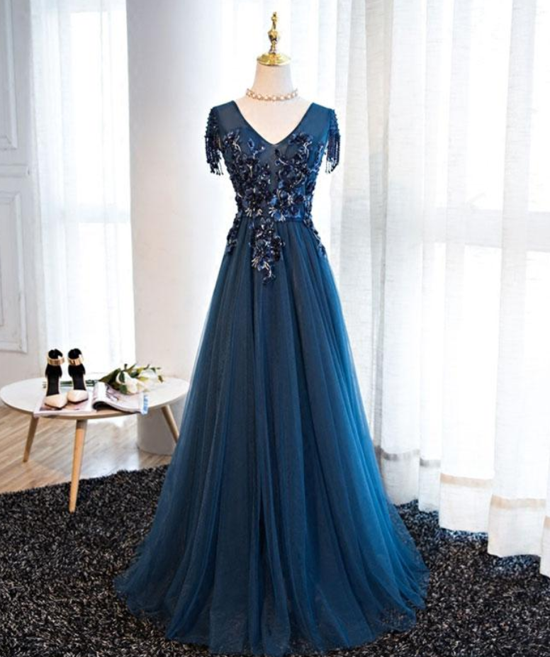 Prom Dresses,classical Elegant Navy Blue Tulle Applique Beaded Long A-line Dance Dress, Formal Dress
