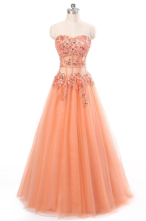 Prom Dresses,unique Design Orange Tulle A-line Beaded Formal Long Dress Heart Long Prom Dress