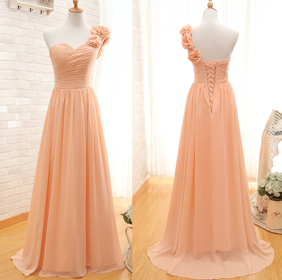 Prom Dresses,orange Single Shoulder Floral Applique Chiffon Bridesmaid Dresses Wedding Guest Dresses