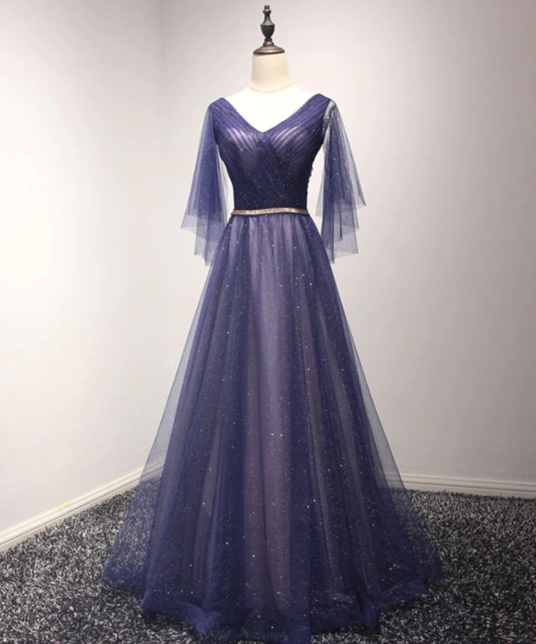 Prom Dresses,starlight Dotted Tulle Purple Long Evening Dress, Simple V-neck Purple Long Prom Dress