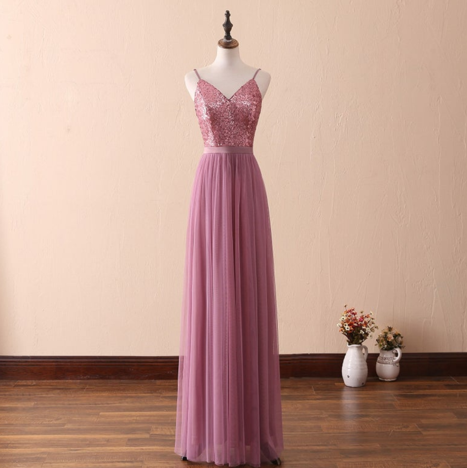 Prom Dresses,with Glittering Sequins Sexy Thin Waist V-neck Low-cut Evening Dress, Purple Formal Party Dress, Tulle Bridesmaid Dresses