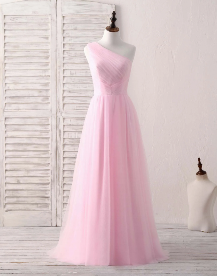 Prom Dresses,one Shoulder Tulle Pink Long Bridesmaid Dresses Dating Long Dresses Graduation Dresses