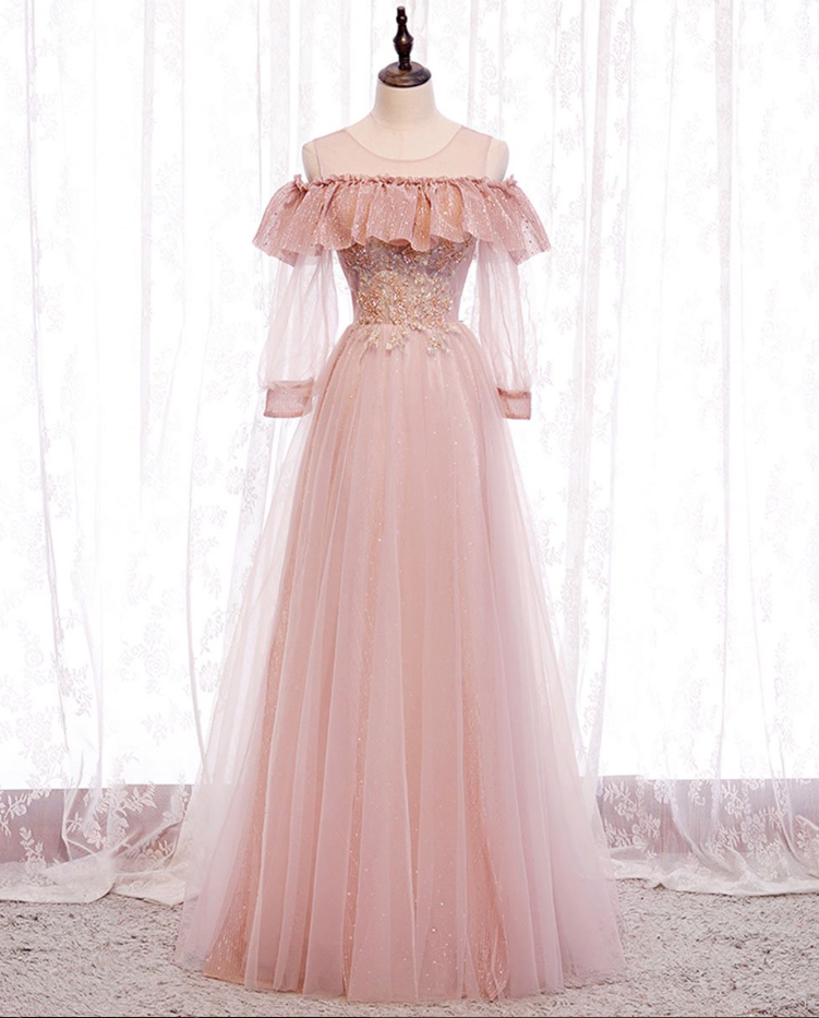 Prom Dresses,pale Sensual Pink Round Neck Tulle Lace Long Prom Dress Date Party Long Dress
