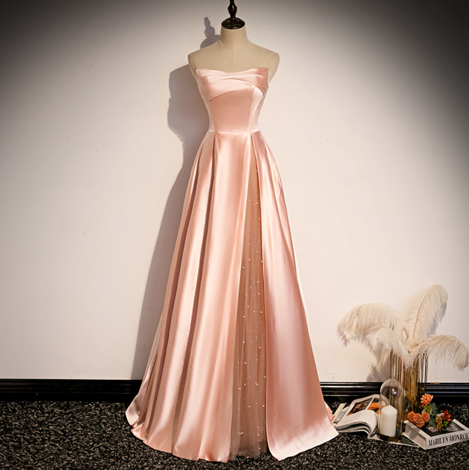 Prom Dresses,beautiful And Generous Pink Satin Long A-line Dance Dress Evening Dress