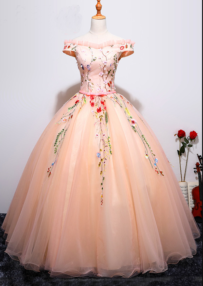 Prom Dresses,celebrity Princess Style Pink Tulle Strapless Lace Applique Long Prom Dress, Vintage Evening Dress
