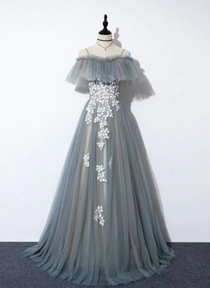 Prom Dresses,gray Strapless Straps Tulle With Lace Long Party Dresses Demure Generous Dinner Long Dress