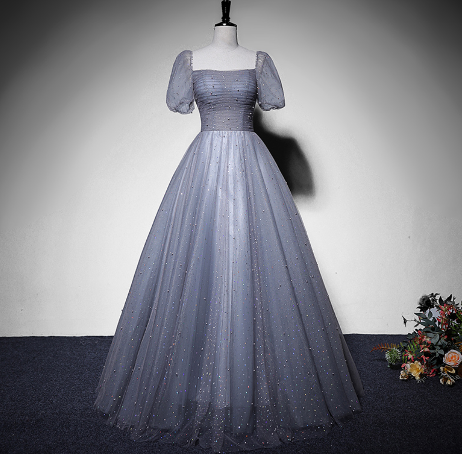 Prom Dresses,gorgeous Beautiful Gray Short-sleeved Tulle Long Dress, Gray Formal Dress Evening Dress