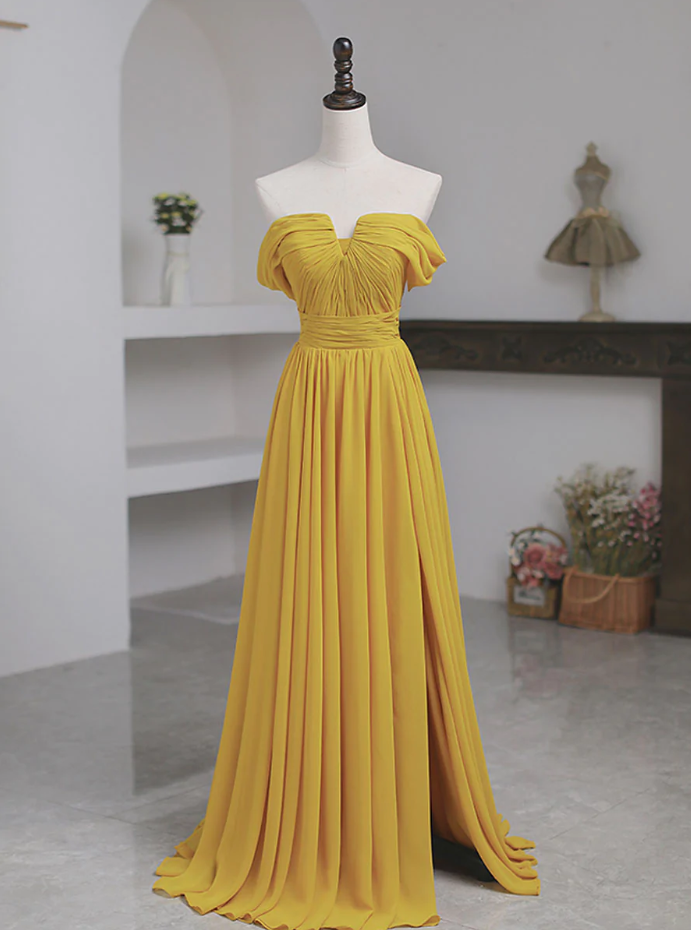 Prom Dresses,slim Strapless Yellow Chiffon Long Dress, Elegant Bridesmaid Dresses, Cocktail Party Dresses