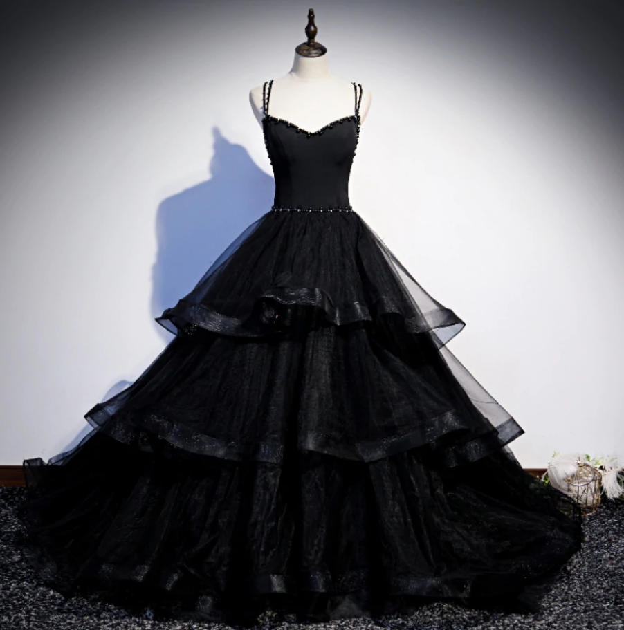 Prom Dresses,black Tulle Layers Straps Beaded Long Evening Dress Black Formal Dress Prom Dress