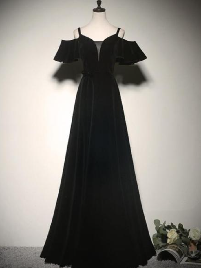 Prom Dresses,temperament Type Black Strapless Velvet Long A-line Prom Dresses Black Floor Length Party Dresses Evening Dresses