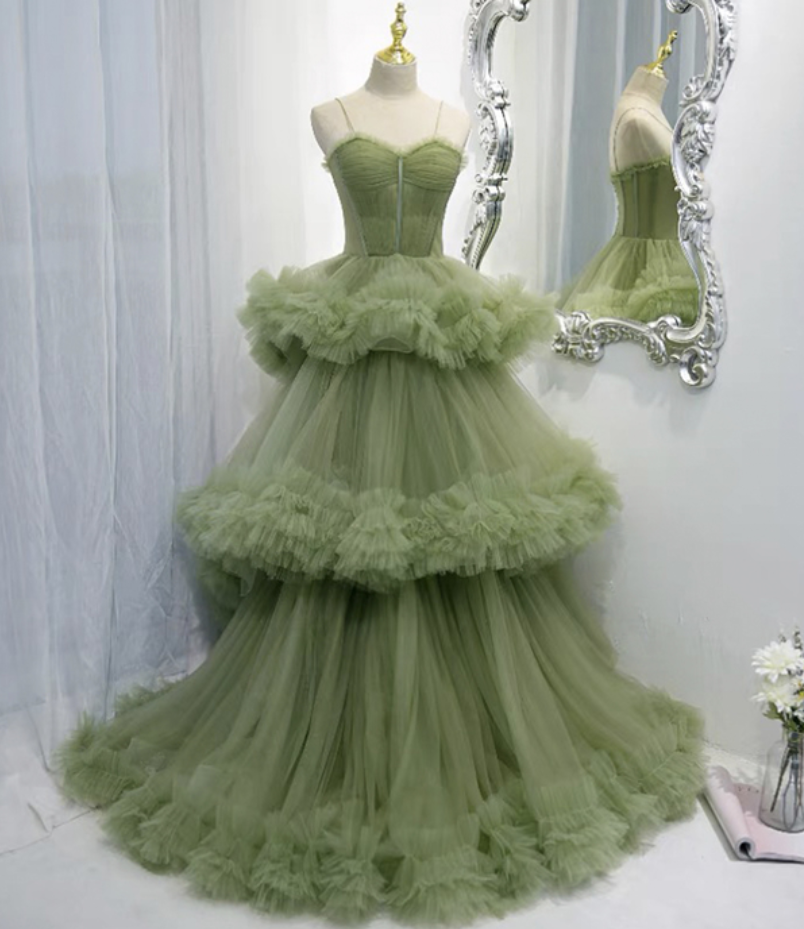 Prom Dresses,green Tulle Long A-line Dance Dress Green Trailing Pinata Evening Dress