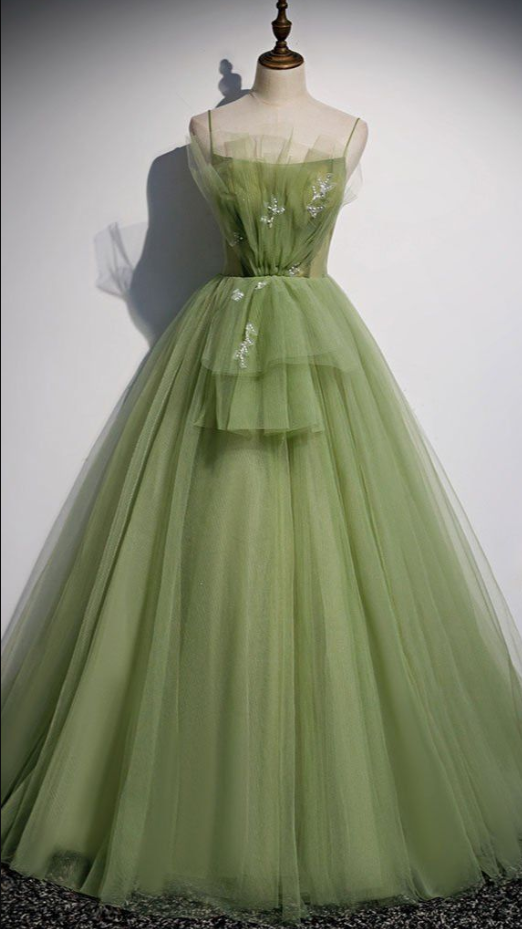 Prom Dresses, Full Length Green Good Mood Year Light Tulle Long Evening Dresses Green Tulle Formal Dresses