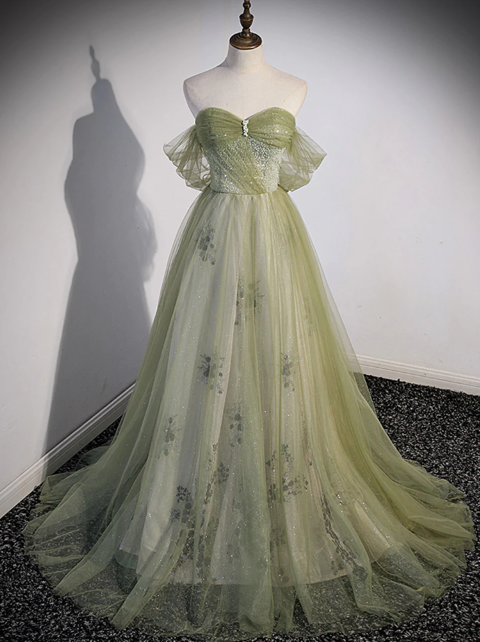 Prom Dresses,a Line Green Tulle With Beads Long Formal Evening Dress