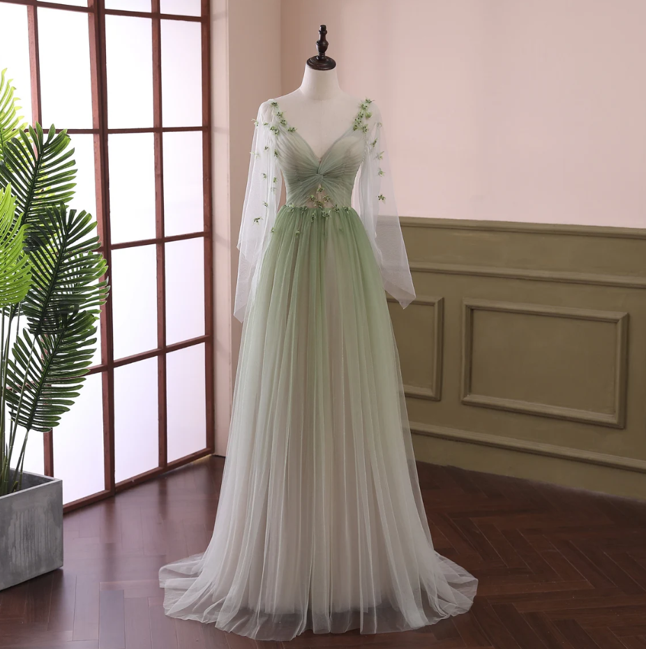 prom dresses light green Zapakasa Women Prom Dress A-Line V Neck Floor-Length Beaded Tulle Light  Green Evening Dress with Slit