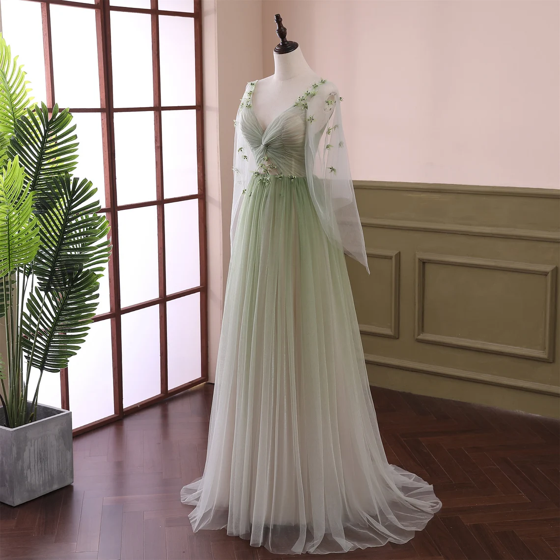Prom Dresses,light Green Gradient Tulle Beaded Long Evening Dress Green  Floor-length Formal Dress on Luulla