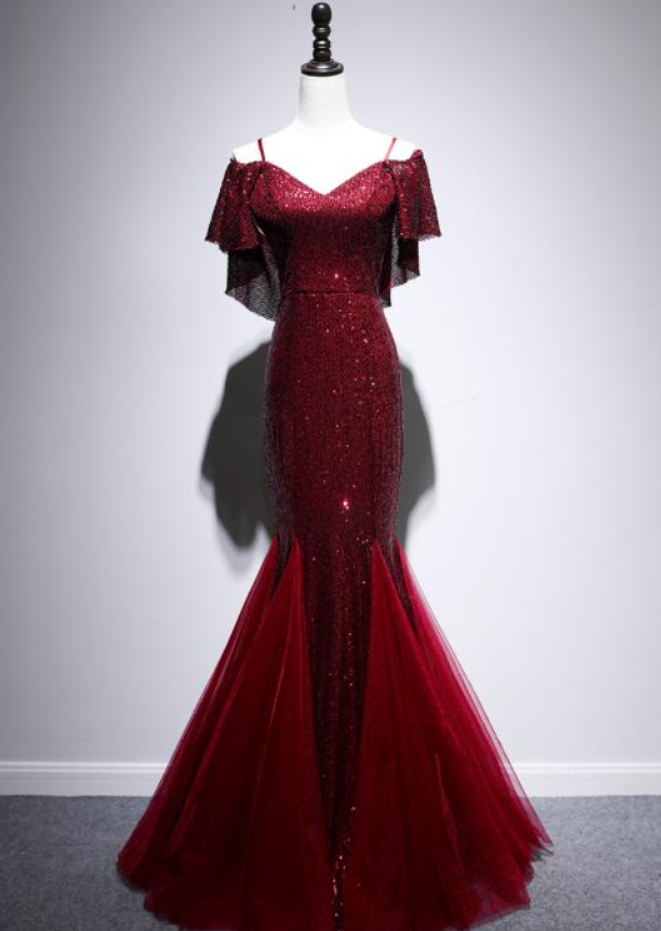 Prom Dresses,high Quality Dark Red Sequin Mermaid Straps Long Dress Party Fashion Prom Dress