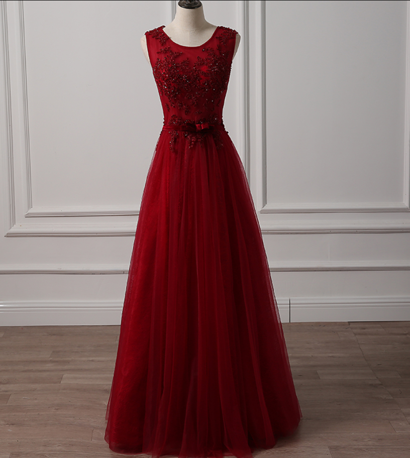 Prom Dresses,dark Red Elegant A-line Tulle Beaded Long Prom Dresses Bringing Home Good Clothes Is To Bring Out A Better State