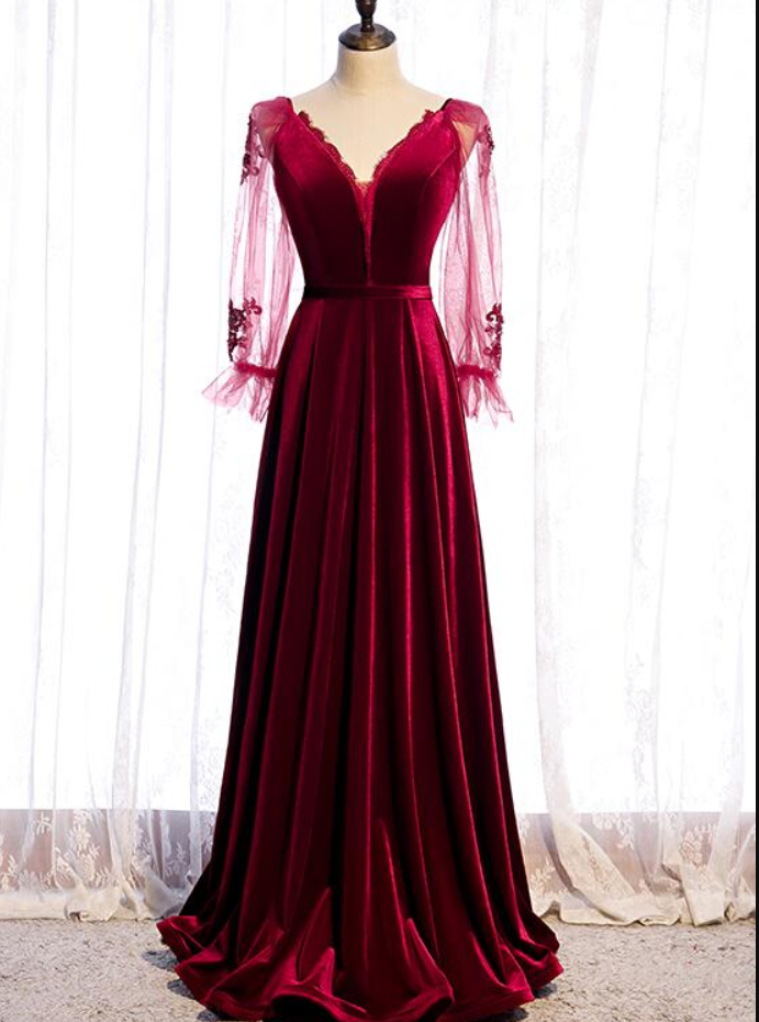 Prom Dresses,elegant Burgundy Velvet Long Party Dresses Prom Dresses A Line Long Sleeve Formal Dresses