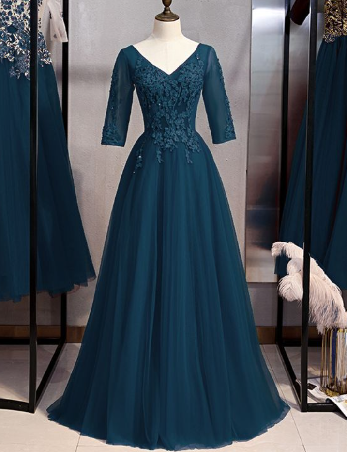 Prom Dresses,light Mature Sister Style Elegant Cyan Tulle Lace Evening Dress