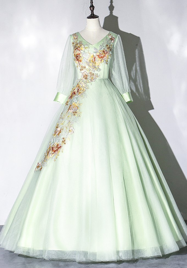 Prom Dresses,fresh Apple Green Tulle V-neck Birthday Party Long Dress A-line Version Applique Formal Prom Dress