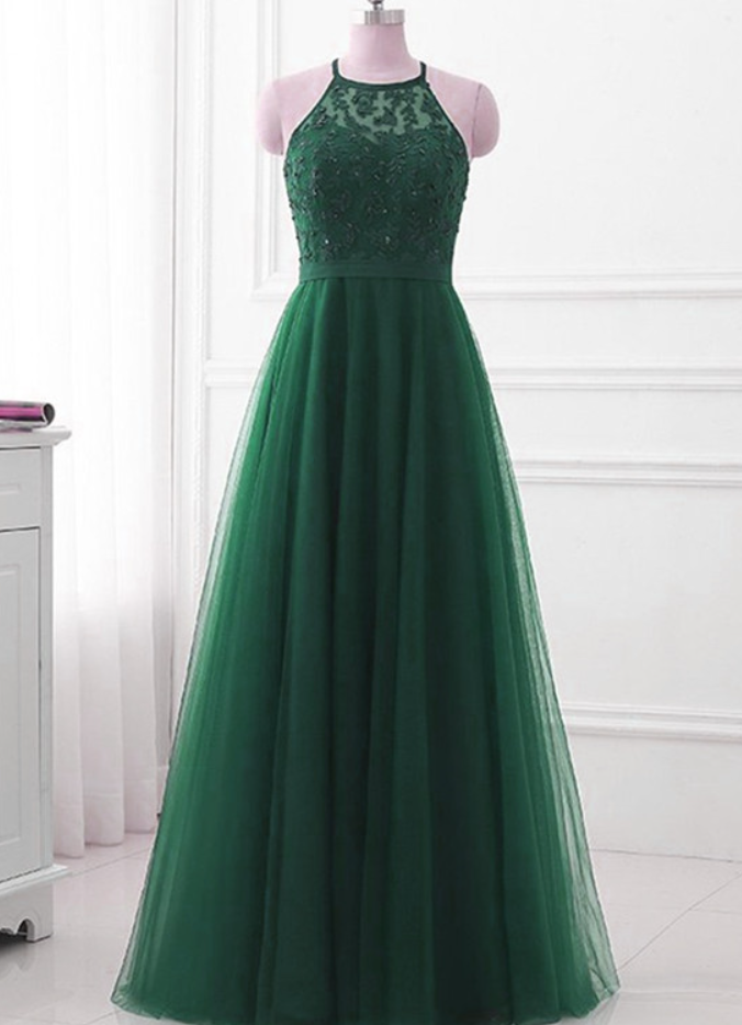 Prom Dresses,beautiful Halter Green Cross Back Long Party Dress