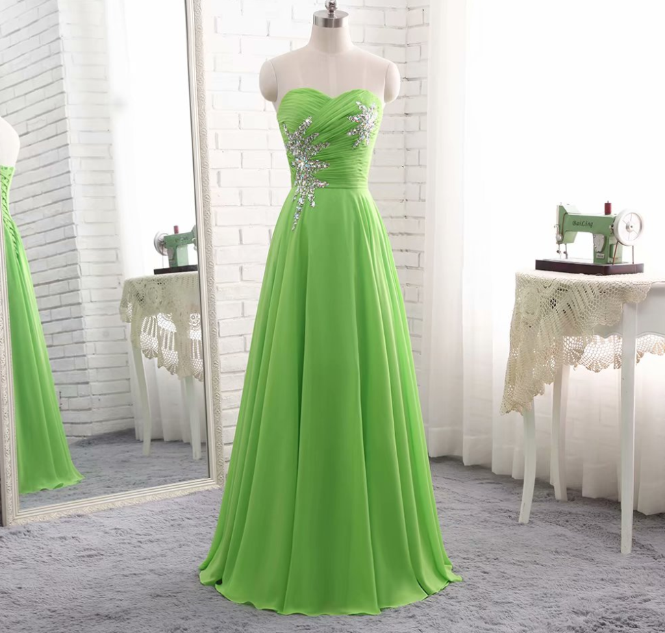 Prom Dresses,green Chiffon Strapless And Floor Length Gowns Elegant Bridesmaid Dresses