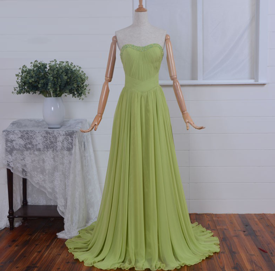 Prom Dresses,green Floor Length Chiffon Formal Dresses Pleated Beaded Sweetheart Neckline Long Elegant Bridesmaid Dresses