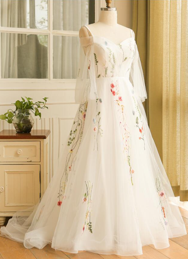 Prom Dresses,sweet White Tulle Floral Long Sweetheart Straps Long Wedding Banquet Dresses Evening Party Dresses