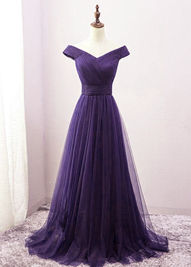 Prom Dresses,long Purple A-line Strapless Gowns Tulle Bridesmaid Dresses Wedding Guest Dresses