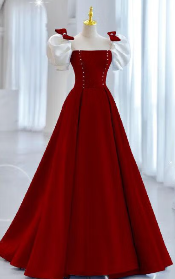 Prom Dresses,a-line Bubble Sleeve Burgundy Evening Gowns Sweetheart Princess Style Satin Long Dresses