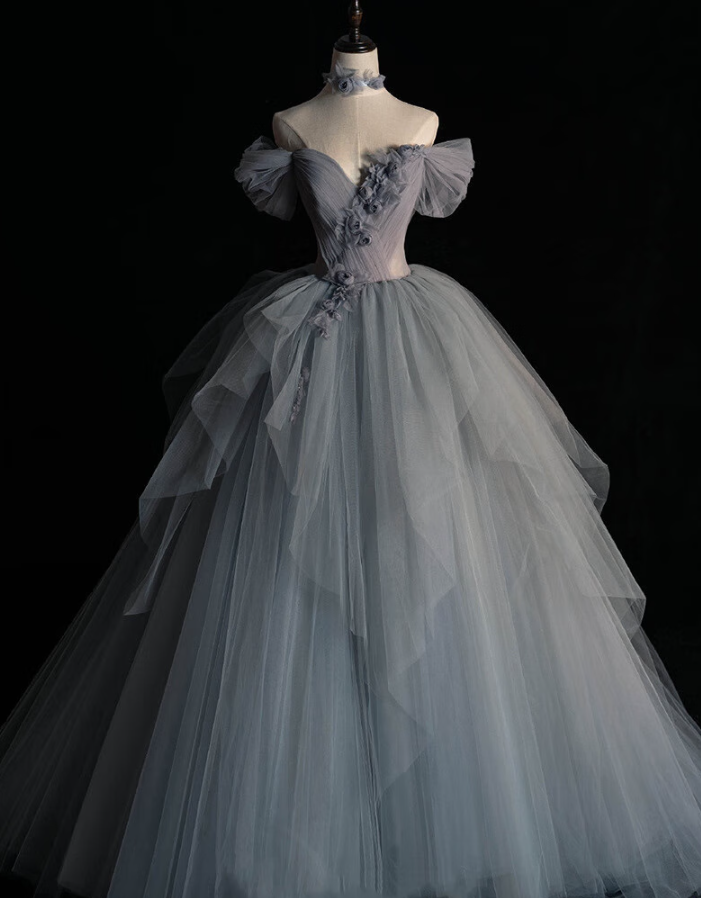 Prom Dresses,rincess Sleeve Evening Gowns Dresses Blue Gray Tulle Party Dresses
