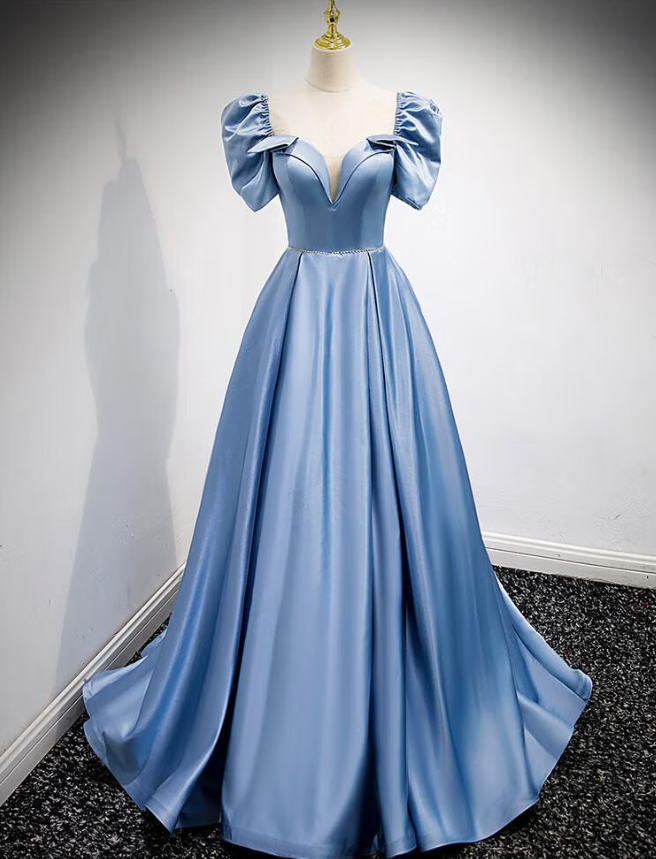 Prom Dresses,temperament Elegant Satin Blue Evening Dresses Texture High-end French Square Neck Banquet Party Dresses