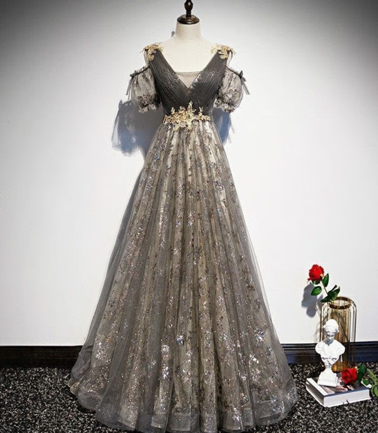 Prom Dresses,fashion V-neck Shoulder Bubble Sleeve Gray Long Princess Dresses Elegant Tulle Banquet Gowns