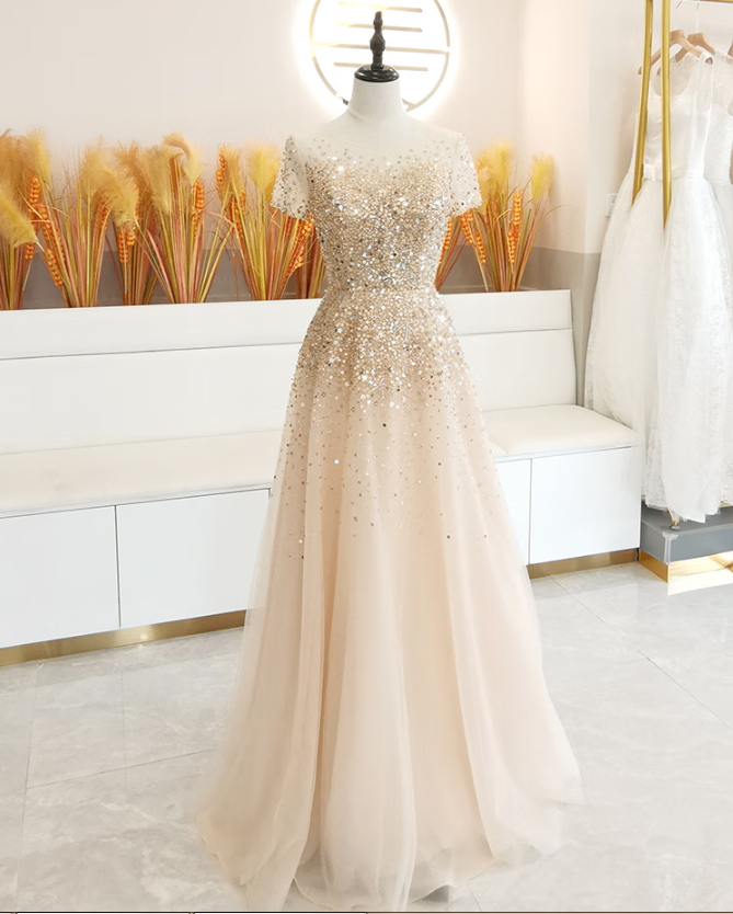 Prom Dresses,french Light Luxury Evening Dress Champagne Color High-end Queen Aura Thin Sequins Tutu Host Floor-length Temperament Bridesmaid