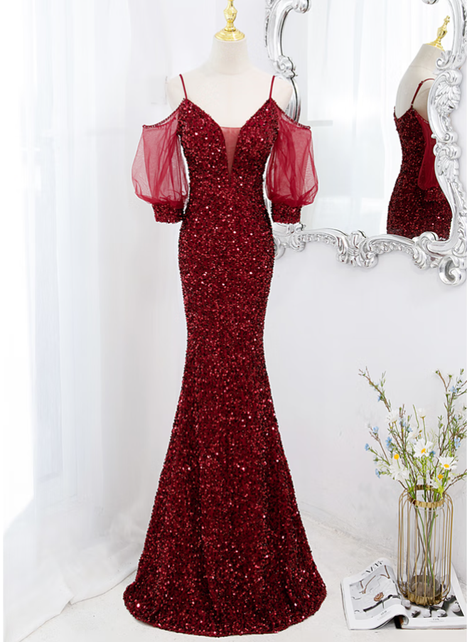 Prom Dresses,burgundy Evening Dresses High-end Temperament Slim Fishtail Cocktail Dresses